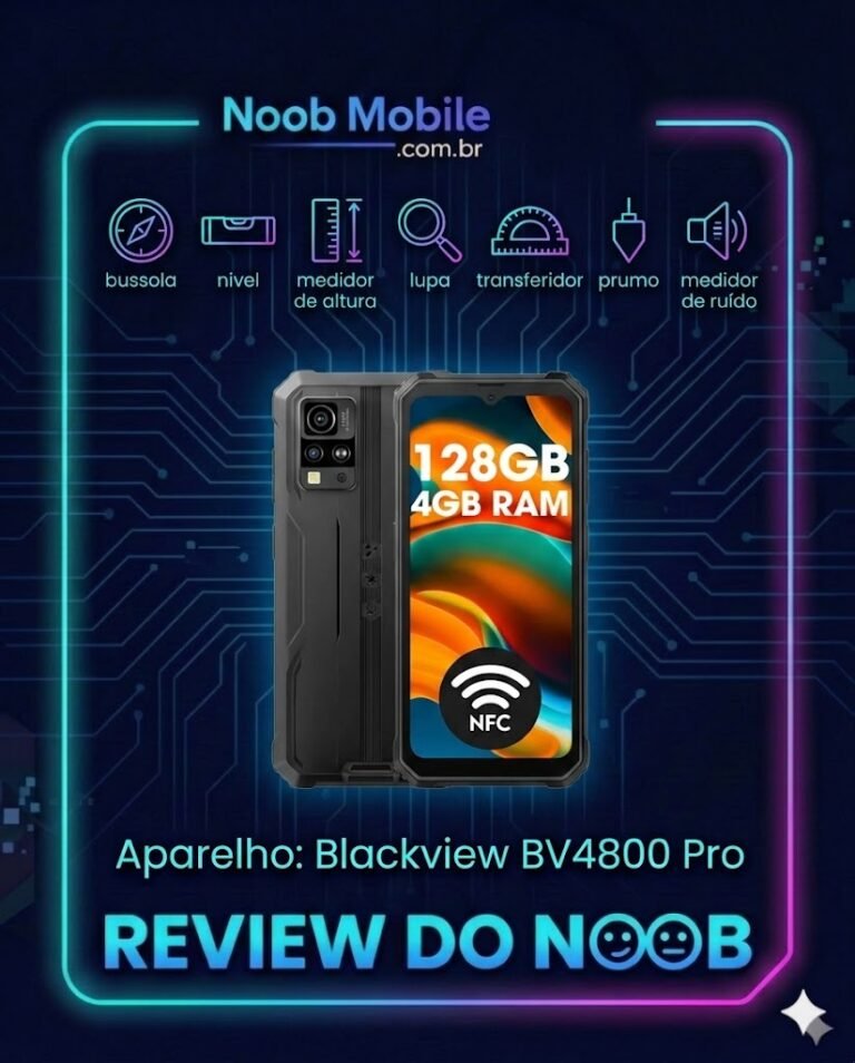 Smartphone robusto Blackview BV4800 Pro dentro da moldura Review do Noob, destacando ícones de ferramentas como bússola, nível e medidor de ruído.