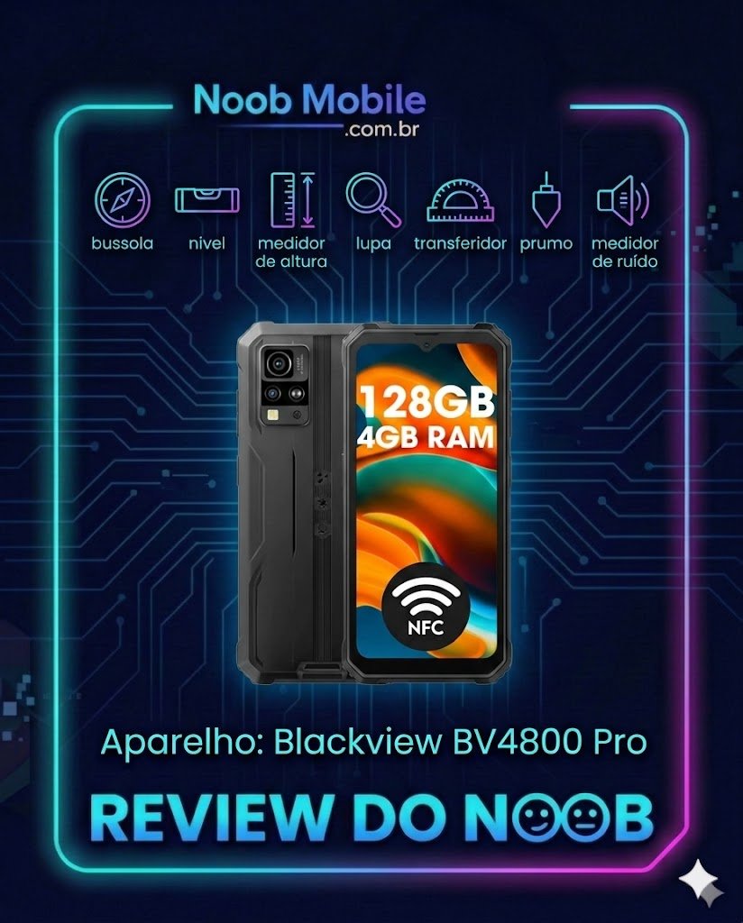 Smartphone robusto Blackview BV4800 Pro dentro da moldura Review do Noob, destacando ícones de ferramentas como bússola, nível e medidor de ruído.