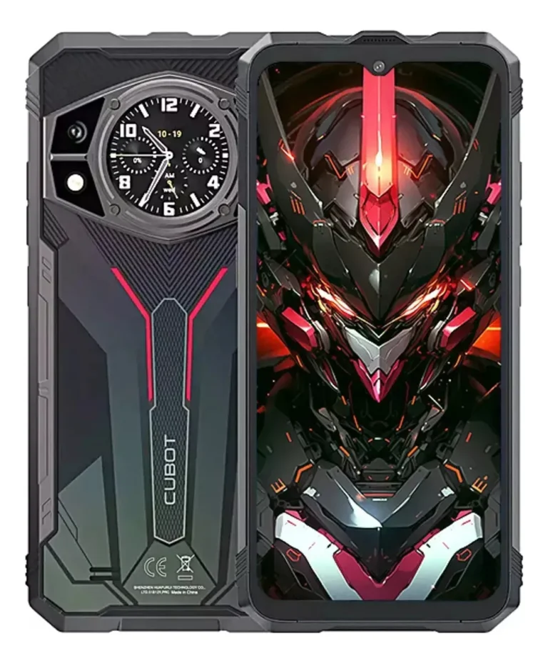 Smartphone robusto Cubot KingKong AX em cinza grafite, mostrando a tela frontal de 120Hz e a tela circular traseira com interface de relógio.