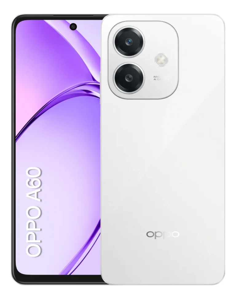 Smartphone Oppo A60 na cor branca com foco nas câmeras traseiras e tela frontal, destacando o design fino e moderno.