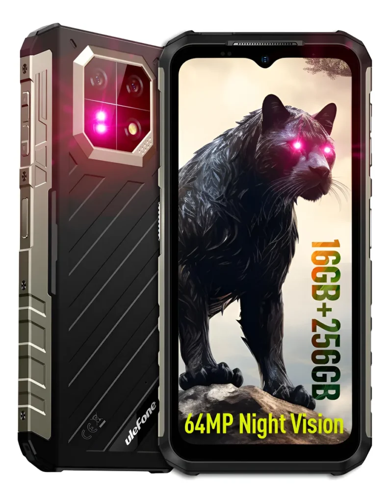 Foto do Ulefone Armor 22 em exibição frontal e traseira. A tela mostra uma pantera negra e textos em amarelo destacando "64MP Night Vision" e "16GB+256GB". A traseira revela o módulo de câmera com emissores de visão noturna acesos.