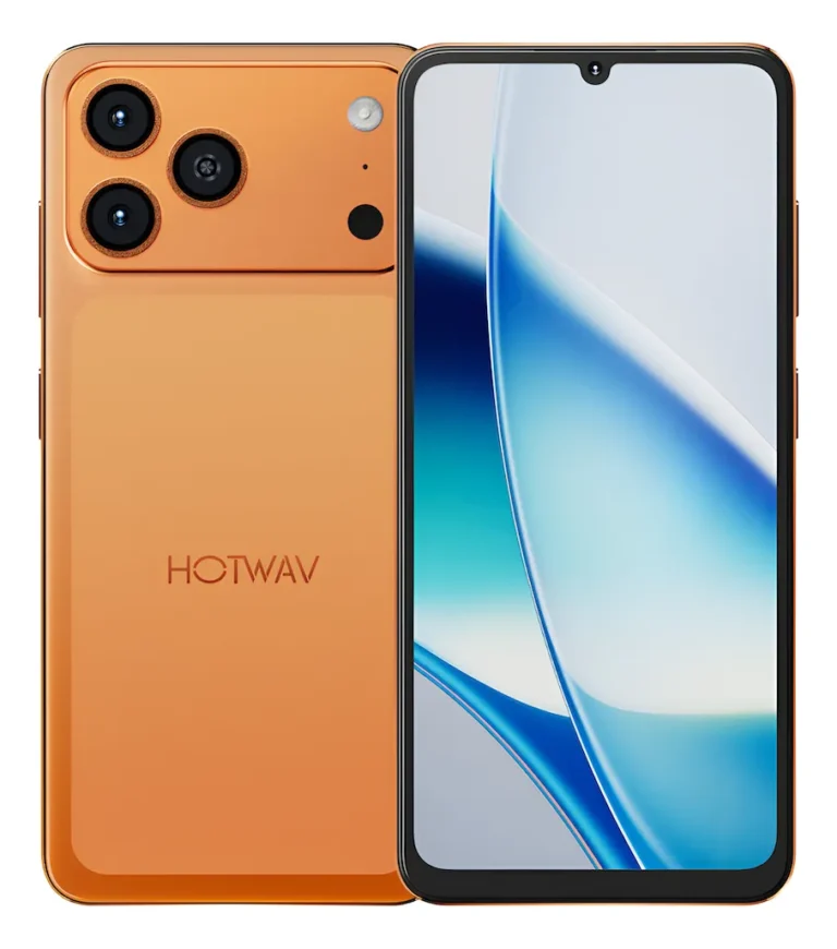 Smartphone Hotwav A17 Pro Max na cor laranja, exibindo a parte traseira com o conjunto de câmeras inspirado no iPhone e a tela frontal com entalhe em gota.