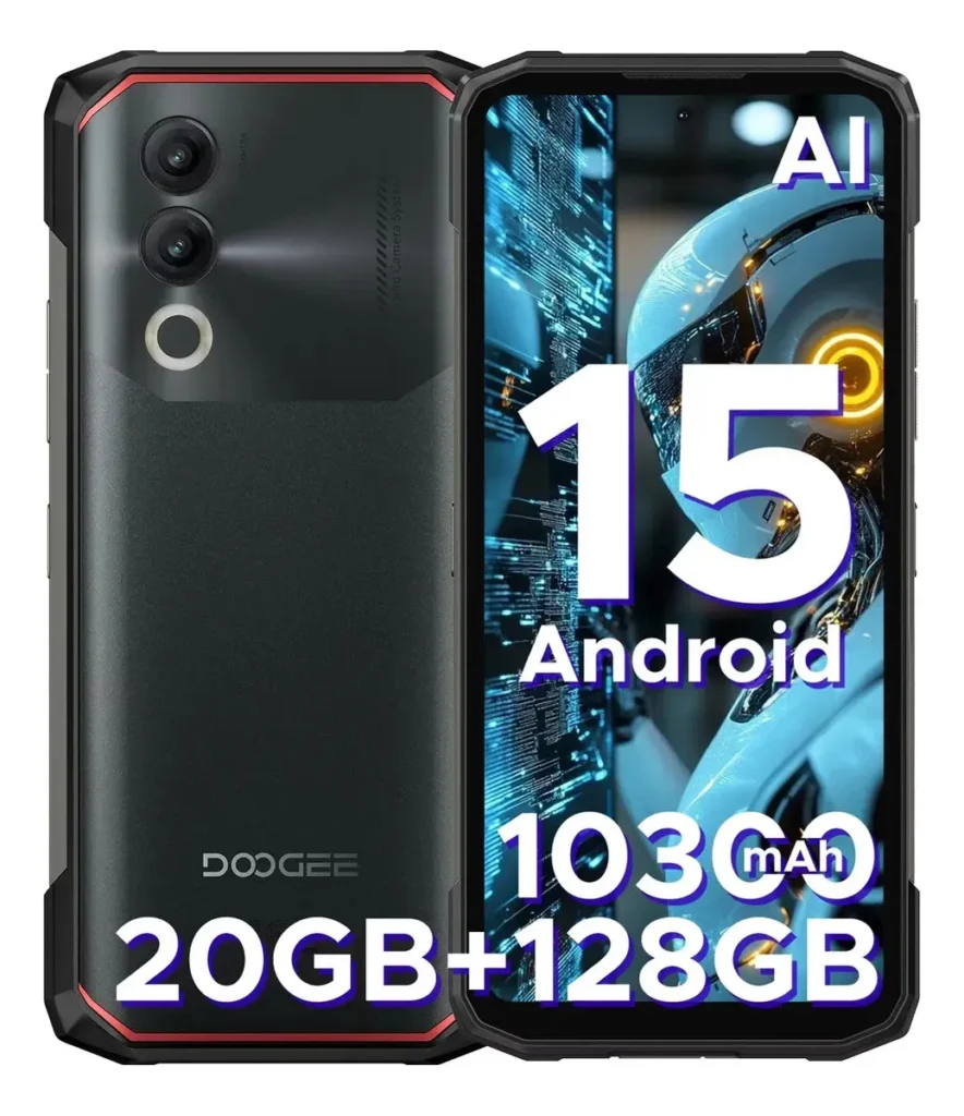 Smartphone robusto Doogee Blade 20 em duas vistas: traseira preta com detalhes em vermelho e câmera dupla, e frontal exibindo tela com as inscrições Android 15, bateria de 10300mAh e 128GB de armazenamento.