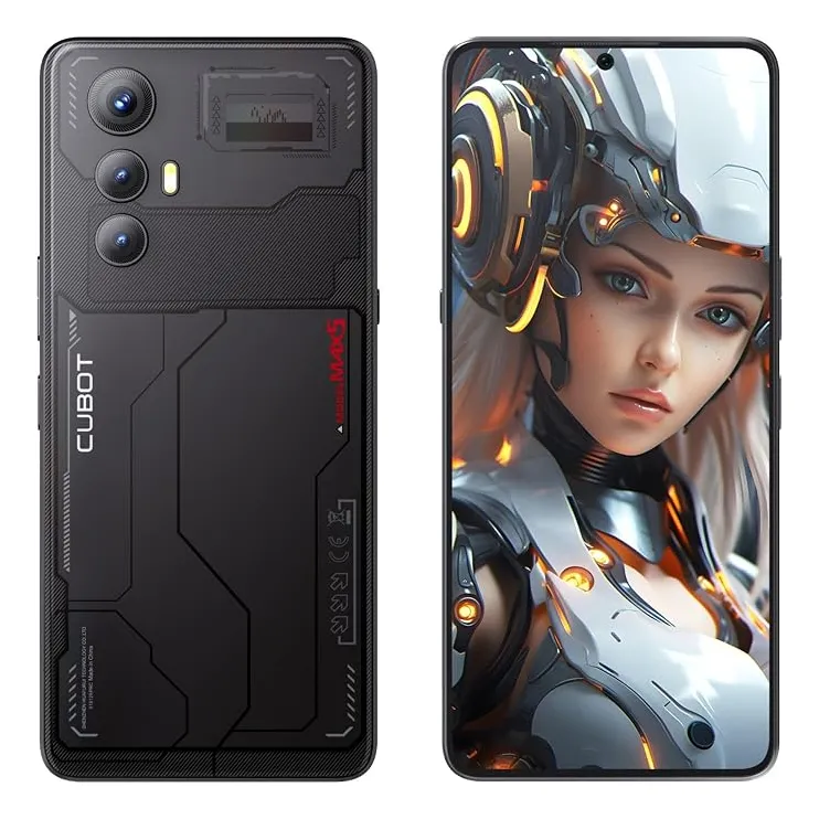 Smartphone gamer Cubot Max 5 com tela de 144Hz e processador Dimensity 8200 em destaque sobre fundo gamer azul.