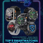 Banner promocional do Noob Mobile mostrando um ranking dos melhores smartwatches custo benefício 2026. A imagem exibe cinco modelos de relógios inteligentes robustos e táticos (incluindo Blackview e Cubot) com pulseiras pretas e cinzas, dentro de uma moldura de neon azul e rosa com circuitos eletrônicos ao fundo. O texto destaca resistência IP68/IP69K, bateria gigante e funções de monitoramento.