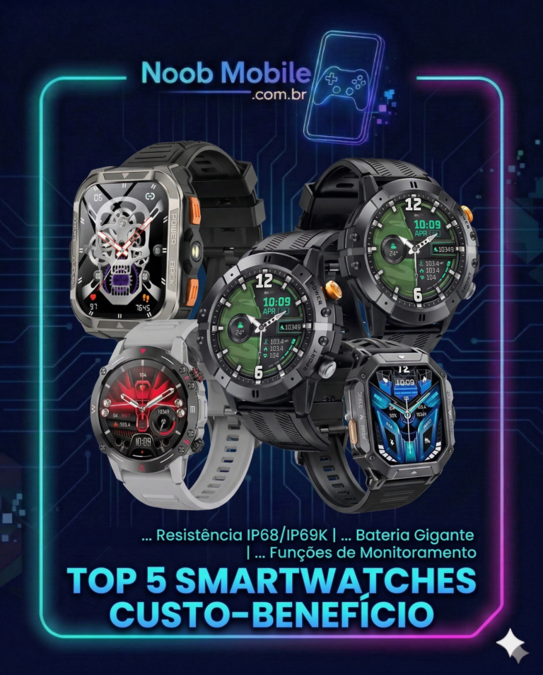 Banner promocional do Noob Mobile mostrando um ranking dos top 5 smartwatch custo-benefício de 2026. A imagem exibe cinco modelos de relógios inteligentes robustos e táticos (incluindo Blackview e Cubot) com pulseiras pretas e cinzas, dentro de uma moldura de neon azul e rosa com circuitos eletrônicos ao fundo. O texto destaca resistência IP68/IP69K, bateria gigante e funções de monitoramento.