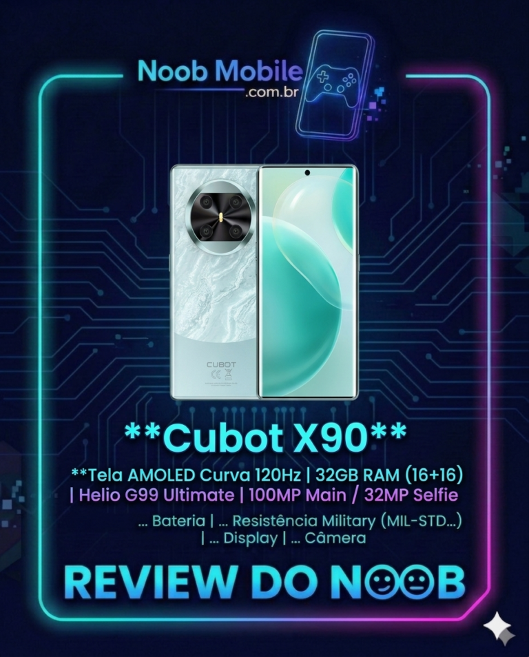 Smartphone Cubot X90 com tela curva AMOLED 120Hz e traseira premium azul claro em destaque na moldura Review do Noob.