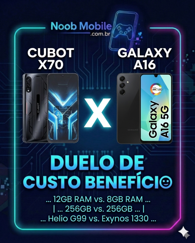 Comparativo de smartphones Galaxy A16 5G azul e Cubot X70 preto lado a lado com logotipo Noob Mobile em destaque.