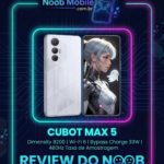 Cubot Max 5 é bom para jogos? Infográfico do smartphone na moldura Review do Noob, destacando processador Dimensity 8200, Wi-Fi 6, Bypass Charge 33W e 480Hz de amostragem de toque.