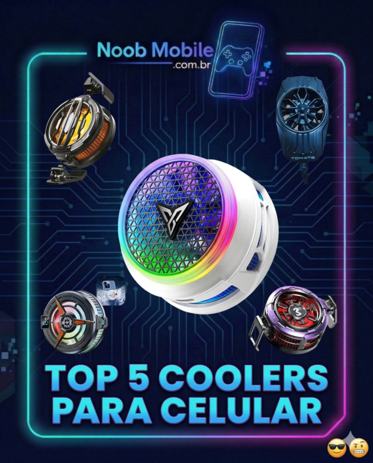 Infográfico de tecnologia mostrando uma lista dos melhores coolers para celular. O cooler branco e central é o maior, cercado por quatro modelos menores em um fundo de circuito eletrônico com luzes neon azul e roxa. No topo, está o logo Noob Mobile.