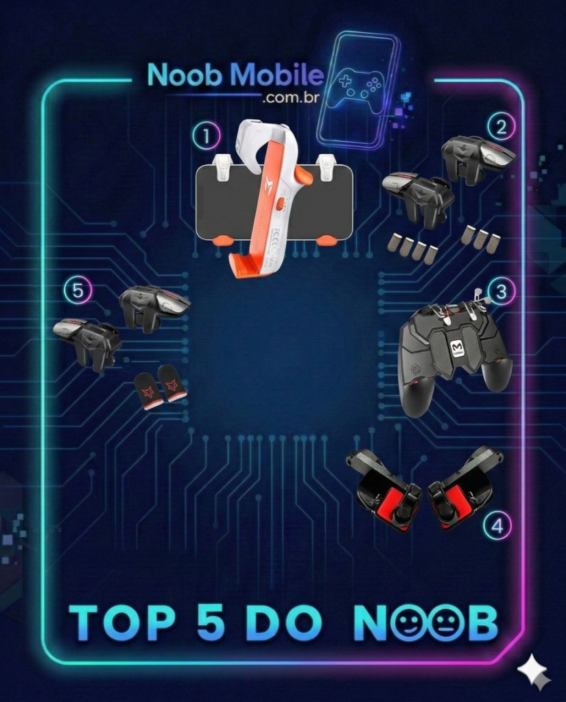 Infográfico Top 5 Melhores Gatilhos L1 R1 de 2026 para jogos mobile, apresentando os modelos Bigbig Won Jet M1, Sarafox F6, MEMO AK66, Redragon Chronos e G21 dentro de uma moldura neon azul e roxa com o título TOP 5 DO NOOB.