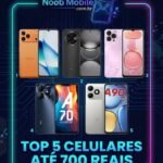 Cinco smartphones de marcas alternativas em moldura neon com o título Top 5 celulares até 800 reais.
