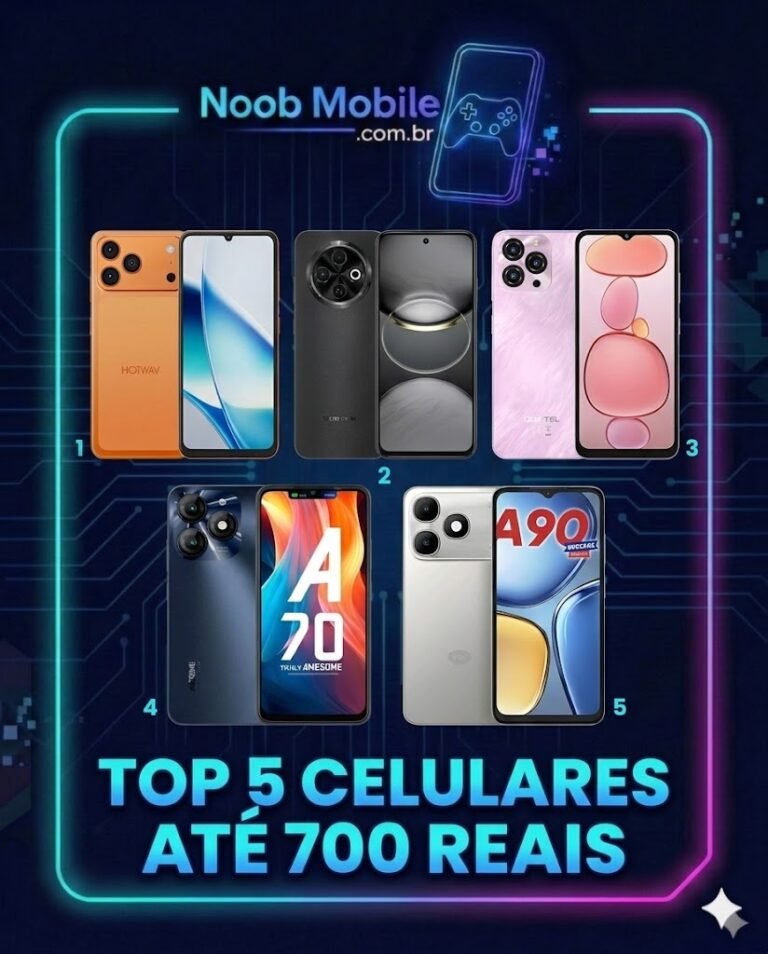 Cinco smartphones de marcas alternativas em moldura neon com o título Top 5 celulares até 700 reais.