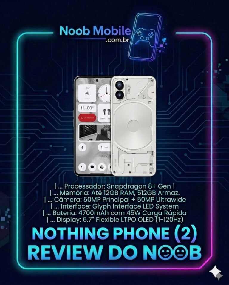 Nothing Phone (2) vale a pena? Infográfico do Review do Noob sobre o aparelho na cor branca, mostrando a traseira transparente com Glyph Interface e a tela inicial. A moldura possui estética gamer com circuitos azuis e roxos, listando especificações como Snapdragon 8+ Gen 1 e câmera de 50MP.