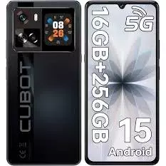 Smartphone Cubot X100 na cor preta mostrando a tela frontal de 120Hz e a exclusiva tela secundária traseira com relógio digital.
