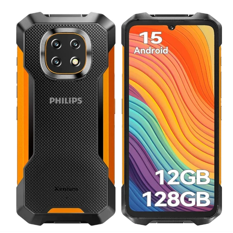 Smartphone Philips S8320 Xenium robusto nas cores preto e laranja. A imagem mostra a traseira com o logo Philips e quatro câmeras, e a frente com tela ligada exibindo Android 15, 12GB RAM e 128GB de armazenamento.