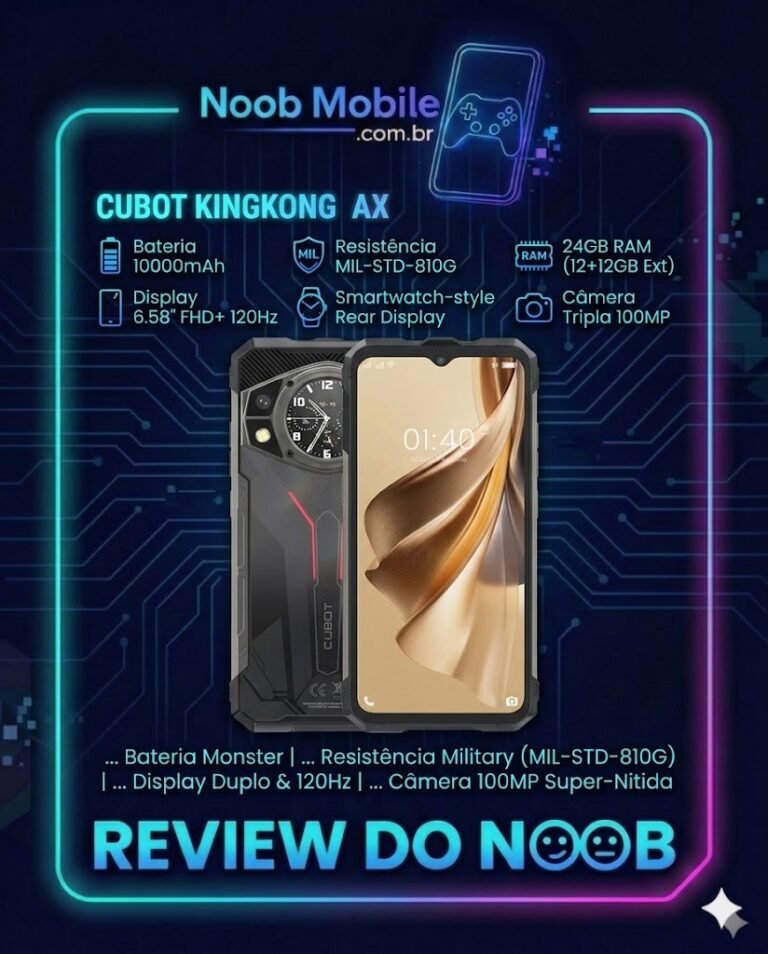 Celular robusto Cubot KingKong AX dentro da moldura oficial do Noob Mobile, destacando as especificações técnicas de tela 120Hz, câmera de 100MP, bateria e tela traseira.