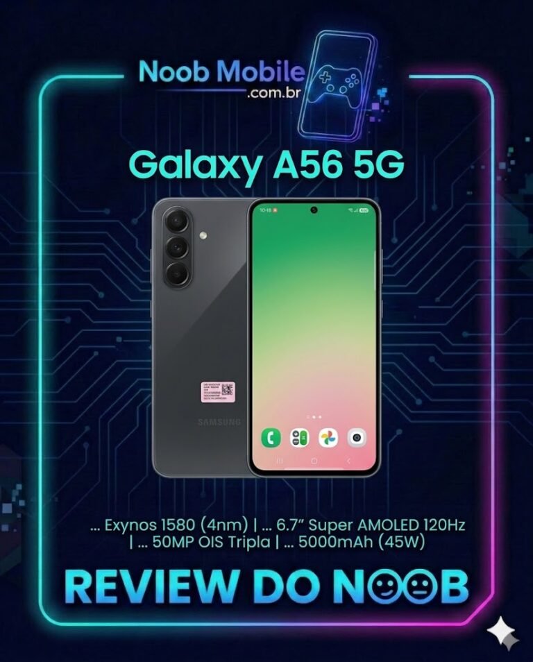 Galaxy a56 vale a pena em 2026? Capa oficial do Noob Mobile com review do Samsung Galaxy A56 5G e principais especificações técnicas.