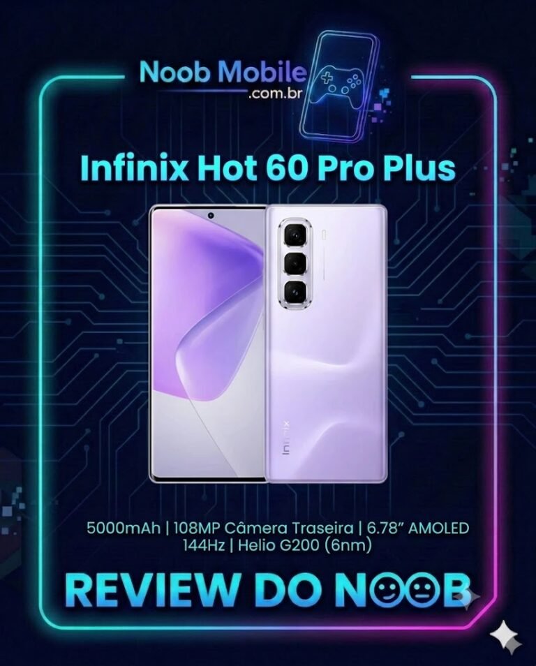 Banner de análise técnica do site Noob Mobile mostrando que o Infinix Hot 60 Pro Plus é bom para jogos e uso diário.