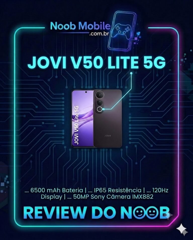 Smartphone Jovi V50 Lite 5G na cor preta, destaque para o design ergonômico e sistema de câmeras. Descubra por que o Jovi V50 Lite 5G é bom para o uso diário com sua bateria de 6500mAh e garantia de 2 anos.