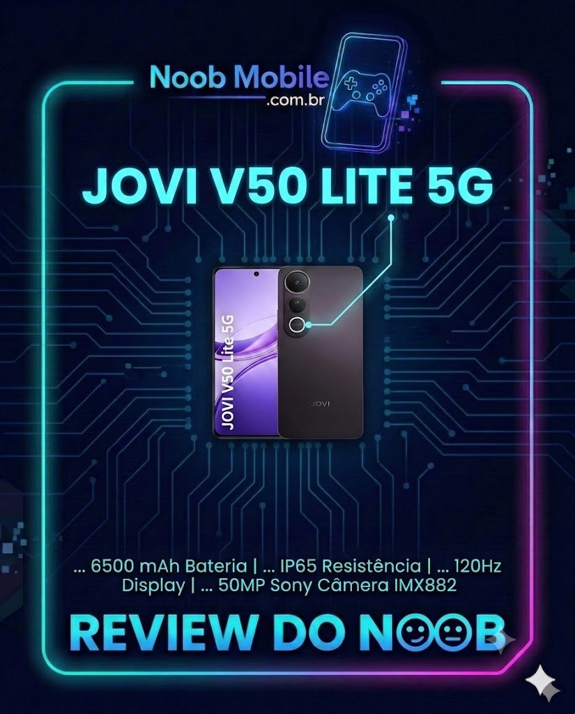 Smartphone Jovi V50 Lite 5G na cor preta, destaque para o design ergonômico e sistema de câmeras. Descubra por que o Jovi V50 Lite 5G é bom para o uso diário com sua bateria de 6500mAh e garantia de 2 anos.