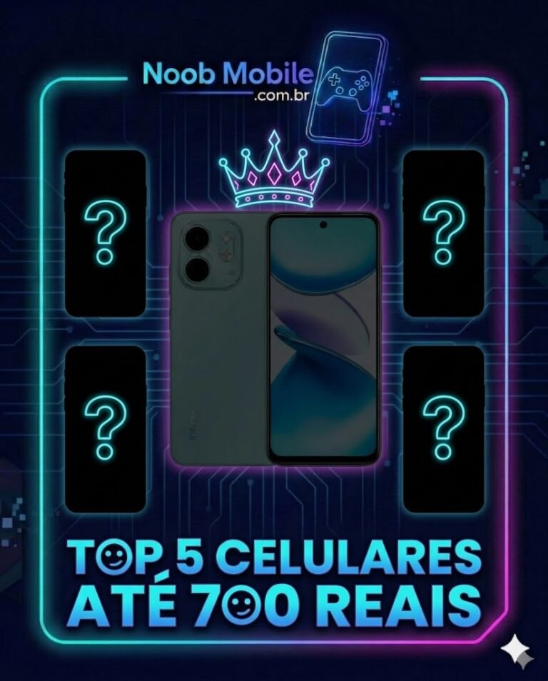 Infográfico do Noob Mobile mostrando os melhores celulares até 700 reais de 2026, com destaque para o Infinix Smart 9 e silhuetas de smartphones custo-benefício.