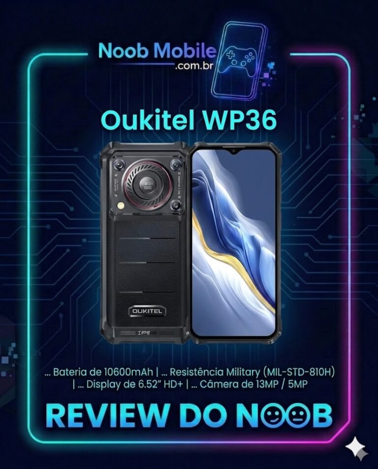 Oukitel WP36 é bom para quem busca resistência militar e som potente de 128dB; visão frontal e traseira do aparelho robusto com bateria de 10.600 mAh.