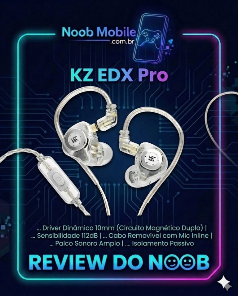 Capa oficial do review do KZ EDX Pro no site Noob Mobile, mostrando o fone transparente dentro da moldura gamer.