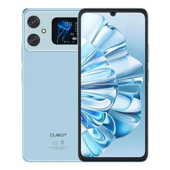Smartphone Cubot A20 na cor azul claro, mostrando a tela frontal com papel de parede floral e a parte traseira com duas câmeras e a segunda tela de notificações ativa.