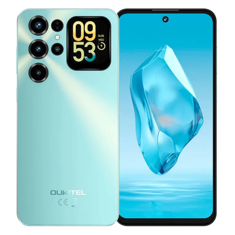 Smartphone Oukitel C68 Plus azul claro com tela traseira e câmera de 64MP - Noob Mobile