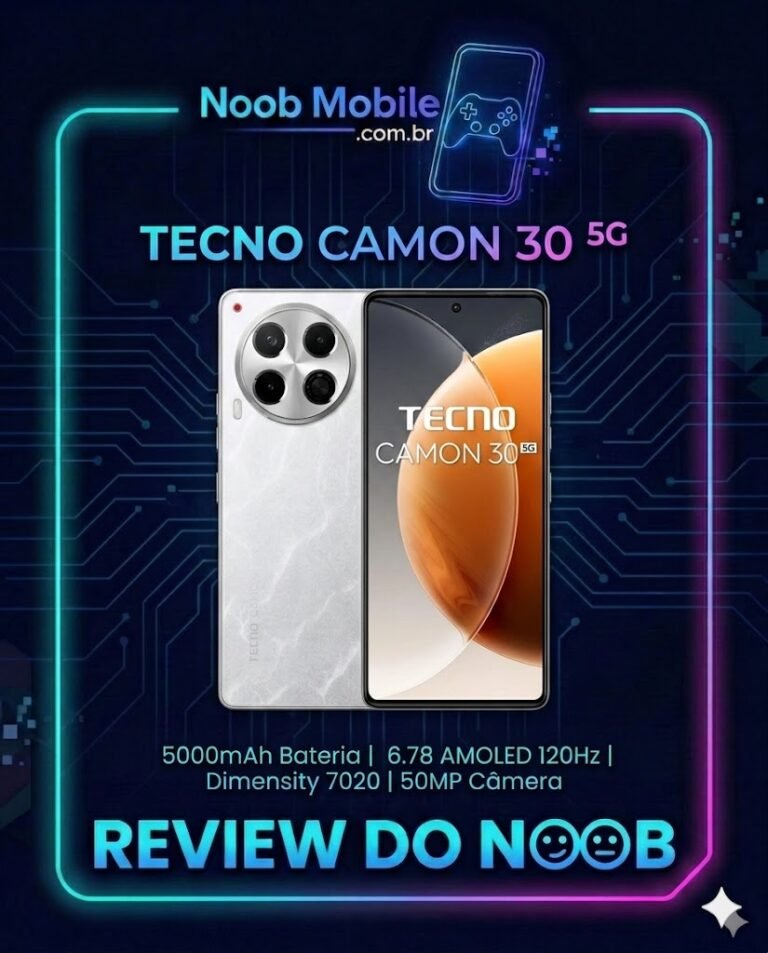 Smartphone Tecno Camon 30 5G exibido em moldura do site Noob Mobile, destacando seu design moderno e especificações técnicas para saber se o Tecno Camon 30 5G é bom.