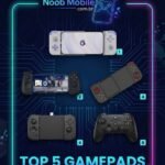 Compilado dos 5 melhores gamepads para celular 2026, incluindo modelos da GameSir e EasySMX, em um fundo tecnológico azul com moldura neon.