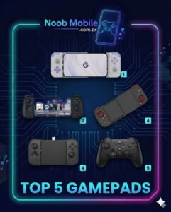 Compilado dos 5 melhores gamepads mobile de 2026, incluindo modelos da GameSir e EasySMX, em um fundo tecnológico azul com moldura neon.