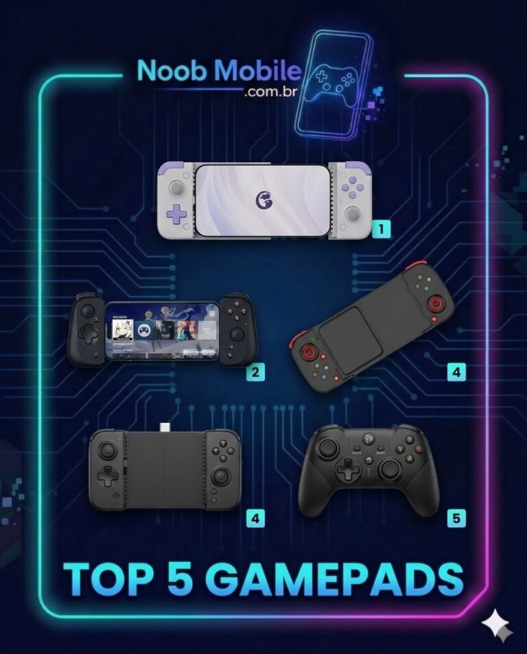 Compilado dos 5 melhores gamepads mobile de 2026, incluindo modelos da GameSir e EasySMX, em um fundo tecnológico azul com moldura neon.