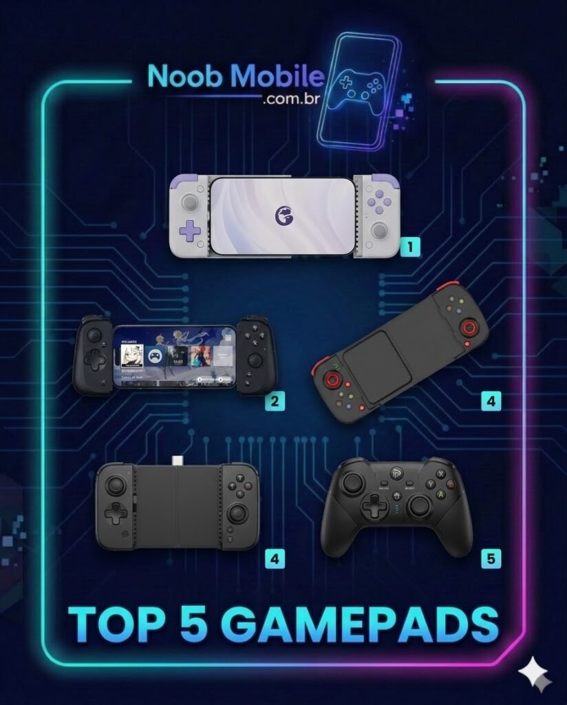 Compilado dos 5 melhores gamepads mobile de 2026, incluindo modelos da GameSir e EasySMX, em um fundo tecnológico azul com moldura neon.