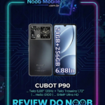 Análise do smartphone para saber se o Cubot P90 Vale a pena. No topo, há o logotipo "Noob Mobile" em neon azul, ao lado de um ícone de smartphone com um controle de videogame. No centro, está o smartphone Cubot P90, mostrando a parte frontal e traseira, dentro de uma moldura de neon que muda de ciano para magenta. O texto na tela do celular diz "24GB+256GB" e "6.88In". Abaixo do telefone, lê-se o nome do modelo: "CUBOT P90". As especificações técnicas em português são listadas abaixo: "Tela 6,88'' 120Hz + Tela Traseira 1,72'' | ... Helio G100 | ... 64MP Ultra HD". Na parte inferior, há um grande texto em neon azul: "REVIEW DO NOOB" com dois emoticons de robô. O fundo é um padrão de placa de circuito azul escuro.