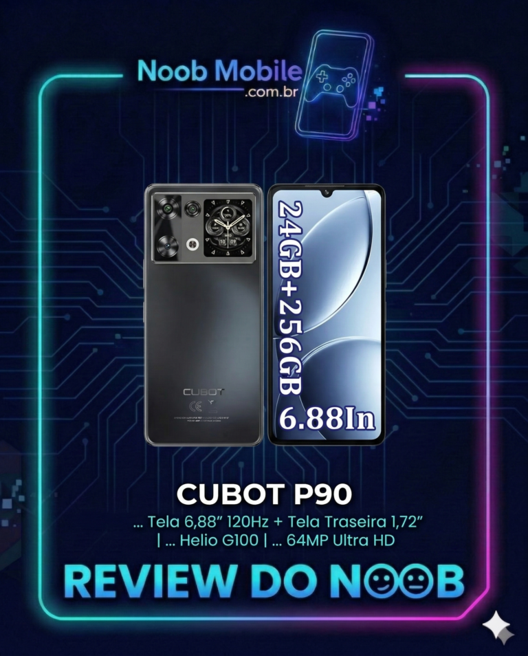 Uma imagem de visualização para uma análise de smartphone. No topo, há o logotipo "Noob Mobile" em neon azul, ao lado de um ícone de smartphone com um controle de videogame. No centro, está o smartphone Cubot P90, mostrando a parte frontal e traseira, dentro de uma moldura de neon que muda de ciano para magenta. O texto na tela do celular diz "24GB+256GB" e "6.88In". Abaixo do telefone, lê-se o nome do modelo: "CUBOT P90". As especificações técnicas em português são listadas abaixo: "Tela 6,88'' 120Hz + Tela Traseira 1,72'' | ... Helio G100 | ... 64MP Ultra HD". Na parte inferior, há um grande texto em neon azul: "REVIEW DO NOOB" com dois emoticons de robô. O fundo é um padrão de placa de circuito azul escuro.