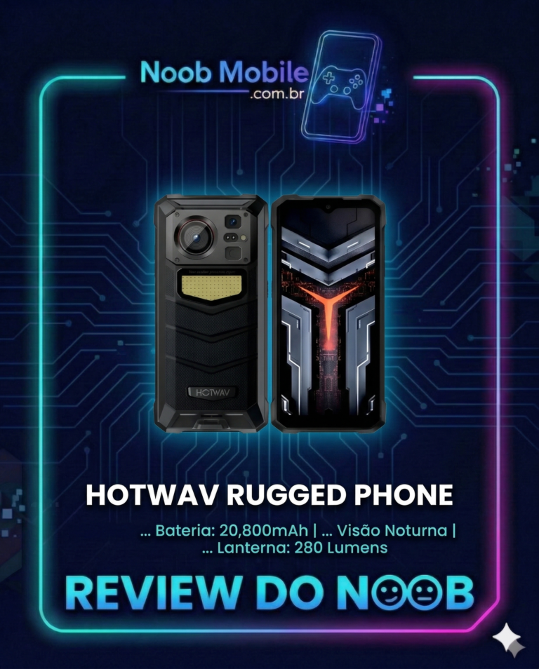 Uma imagem promocional de estilo neon para uma análise de smartphone. No topo, há o logotipo "Noob Mobile" em neon azul e um ícone de smartphone com um controle de videogame. No centro, está o smartphone robusto Hotwav, mostrando a parte frontal e traseira, dentro de uma moldura de neon que muda de ciano para magenta. Abaixo, lê-se o nome do modelo: "HOTWAV RUGGED PHONE". As especificações técnicas são listadas em branco: "Bateria: 20,800mAh | ... Visão Noturna | ... Lanterna: 280 Lumens". Na parte inferior, há um grande texto em neon azul: "REVIEW DO NOOB" com dois emoticons de robô. O fundo é um padrão de placa de circuito azul escuro.