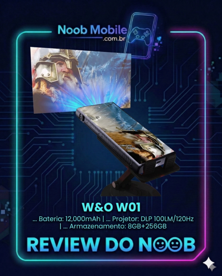 W&O WO1: Imagem promocional do smartphone com projetor DLP funcionando, exibindo a projeção de um guerreiro anão e a bateria de 12.000mAh. A imagem inclui o texto 'Review do Noob' e as especificações reais do aparelho.