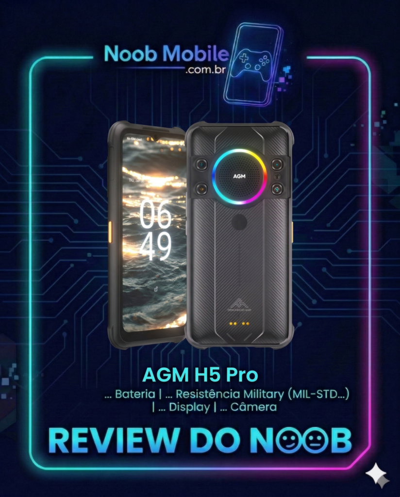 Smartphone robusto AGM H5 Pro com alto-falante gigante de 109dB e câmera de visão noturna, exibido dentro da moldura oficial de review do Noob Mobile.