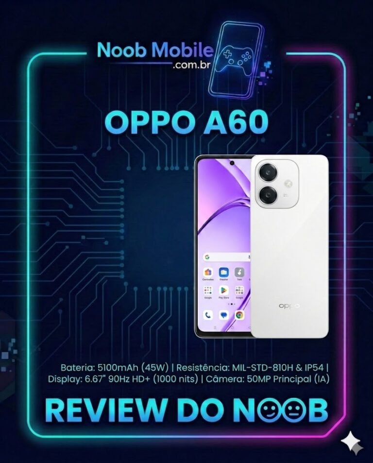 Smartphone OPPO A60 com design moderno e tela de alta visibilidade, destacando suas especificações de resistência militar e bateria, para quem busca saber se o celular OPPO A60 é bom.