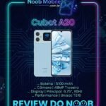 Cubot A20 é Bom? Review do Smartphone com duas telas exibindo frente e traseira dentro de uma moldura tecnológica neon do Noob Mobile com ficha técnica.