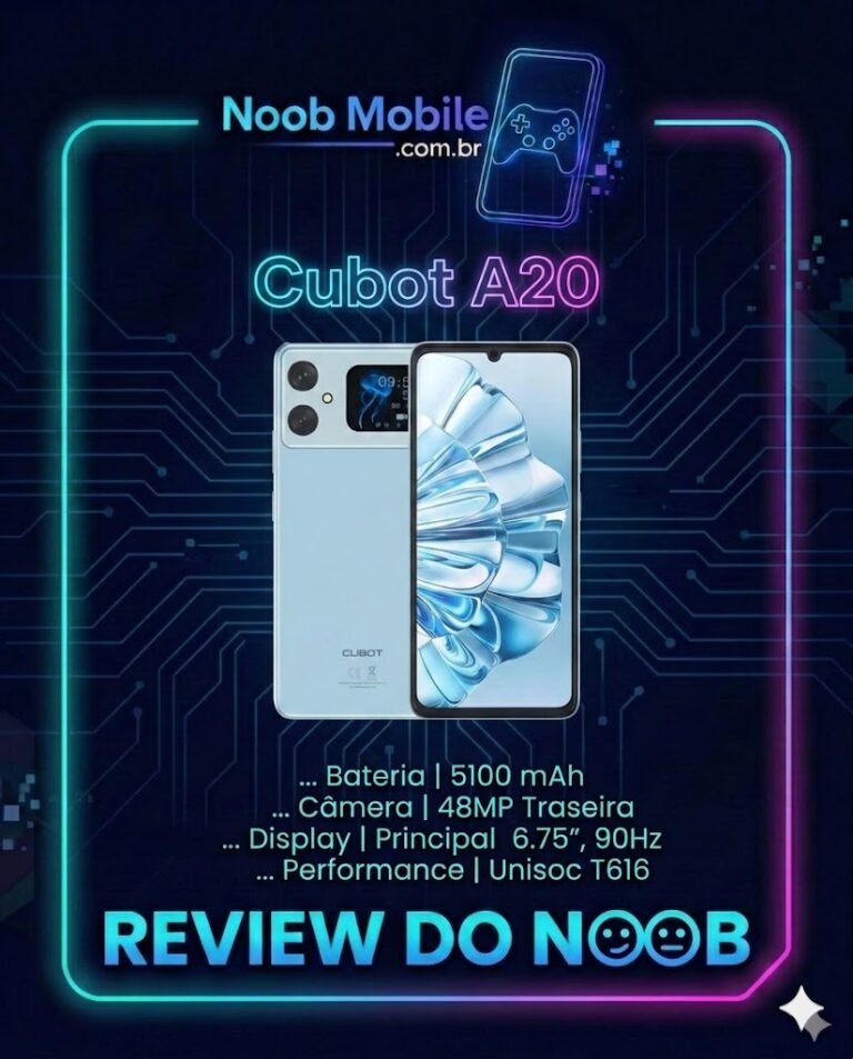 Cubot A20 é Bom? Review do Smartphone com duas telas exibindo frente e traseira dentro de uma moldura tecnológica neon do Noob Mobile com ficha técnica.