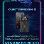Cubot KingKong 11 análise completa do Smartphone robusto em uma moldura neon azul e roxa com o logo Noob Mobile, exibindo a tela frontal e a traseira com tela circular secundária e especificações de bateria e câmera.