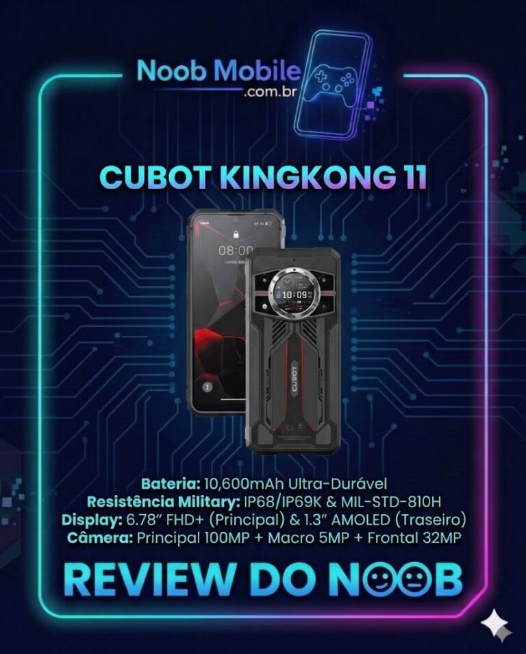 Smartphone robusto Cubot KingKong 11 em uma moldura neon azul e roxa com o logo Noob Mobile, exibindo a tela frontal e a traseira com tela circular secundária e especificações de bateria e câmera.