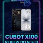 Cubot X100 é bom? Smartphone preto com tela dupla, 5G e Android 15 em moldura oficial do Review do Noob Mobile.