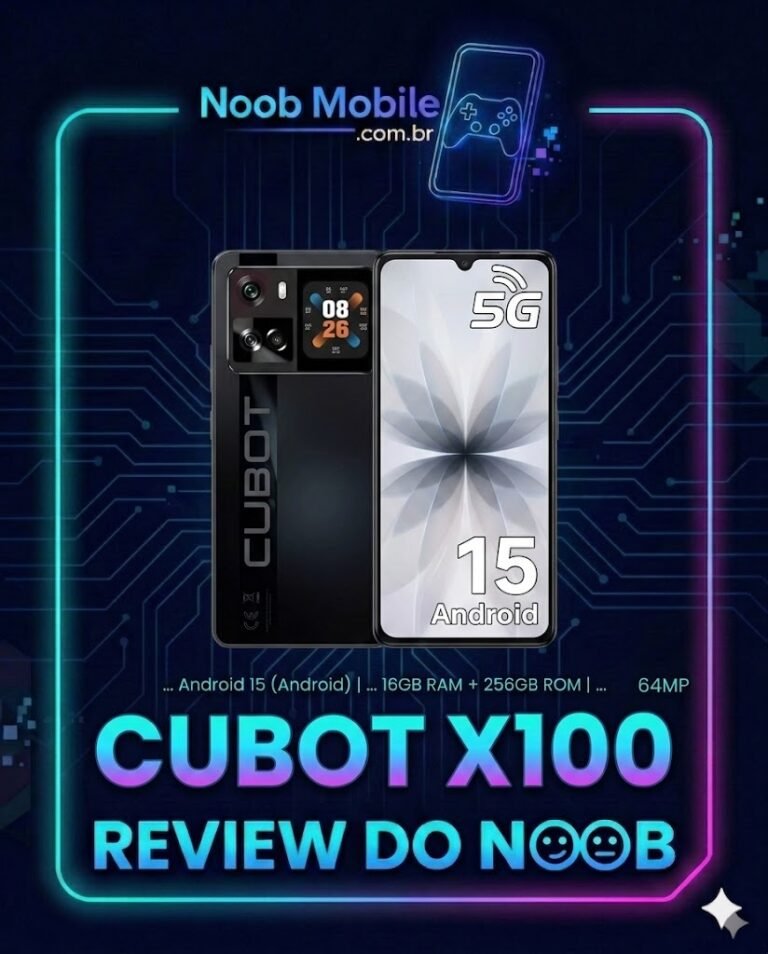 Cubot X100 é bom? Smartphone preto com tela dupla, 5G e Android 15 em moldura oficial do Review do Noob Mobile.