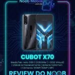 Cubot X70 é bom para jogos : Smartphone em exibição frontal e traseira dentro da moldura oficial do Review do Noob Mobile, destacando as especificações de 24GB RAM e processador Helio G99.
