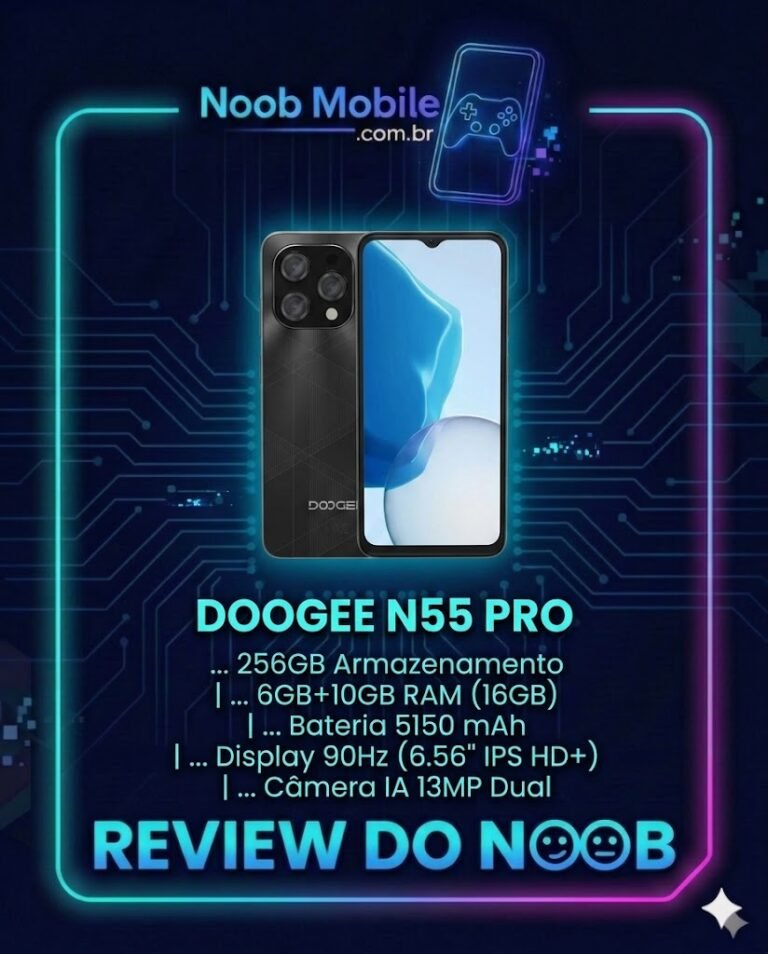 nfográfico do smartphone Doogee N55 Pro no review do blog Noob Mobile. A imagem mostra o celular preto em uma moldura neon futurista sobre um fundo de circuito. Abaixo dele, estão listadas as especificações principais em texto brilhante: 256GB Armazenamento, até 16GB de RAM, bateria de 5150mAh, tela de 90Hz e Câmera IA 13MP Dual. O título 'Review do Noob' aparece no rodapé da moldura.