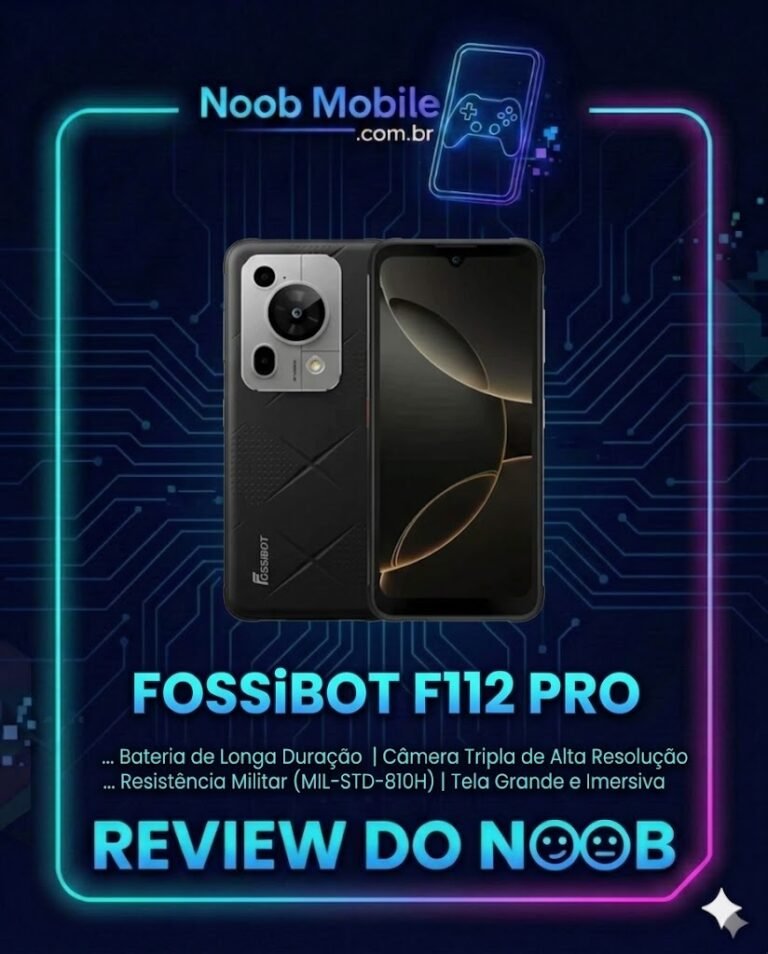 FOSSiBOT F112 Pro review: smartphone robusto com design resistente e câmeras potentes em destaque na moldura Noob Mobile.